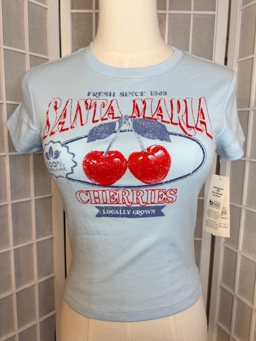 Santa Maria Cherries Fitted Graphic Tee - Light Blue with Red & Navy Print XS